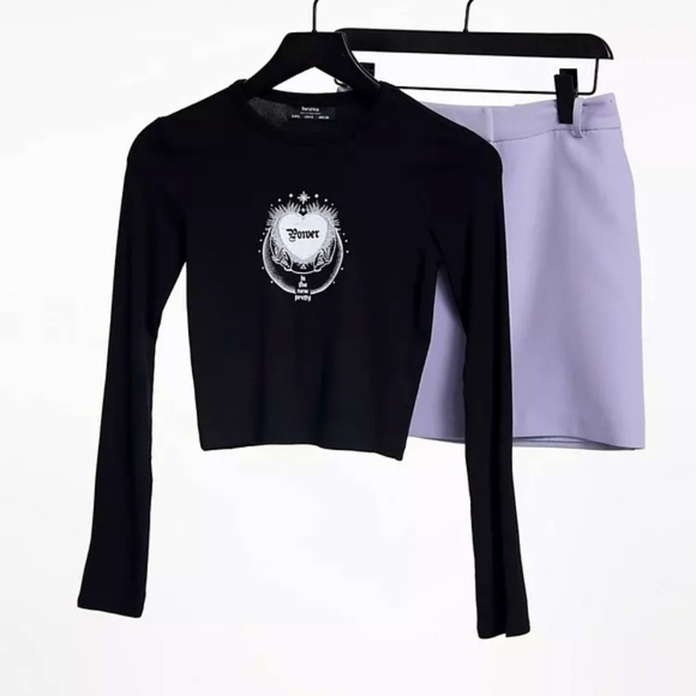 ASOS Bershka heart motif long sleeve tee black t-shirt power is the new pretty S